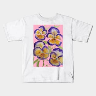 Viola Watercolor Purple Floral Pattern on Pink Kids T-Shirt